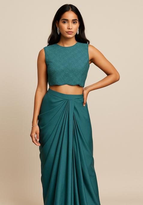 Teal Blue Embroidered Blouse Satin Fusion Set