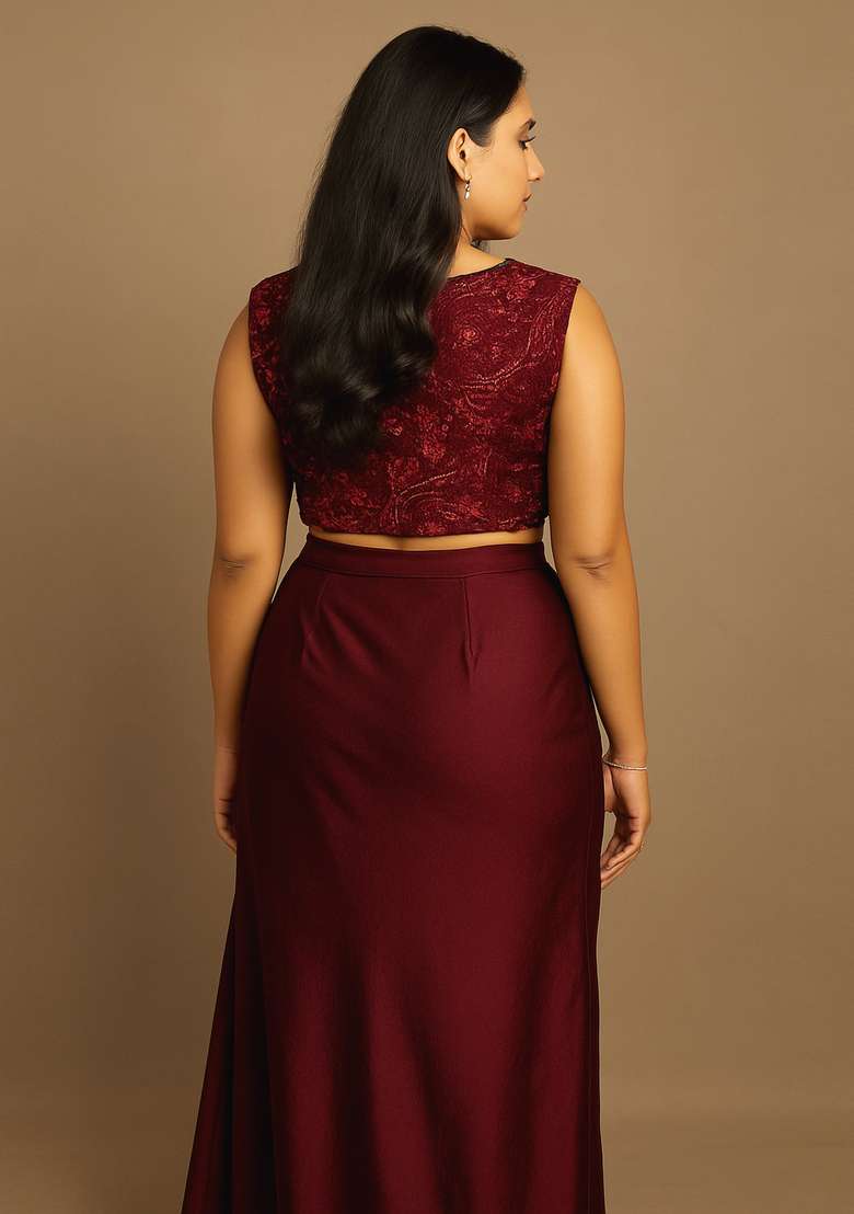 Maroon Embroidered Blouse Satin Fusion Set - Indya