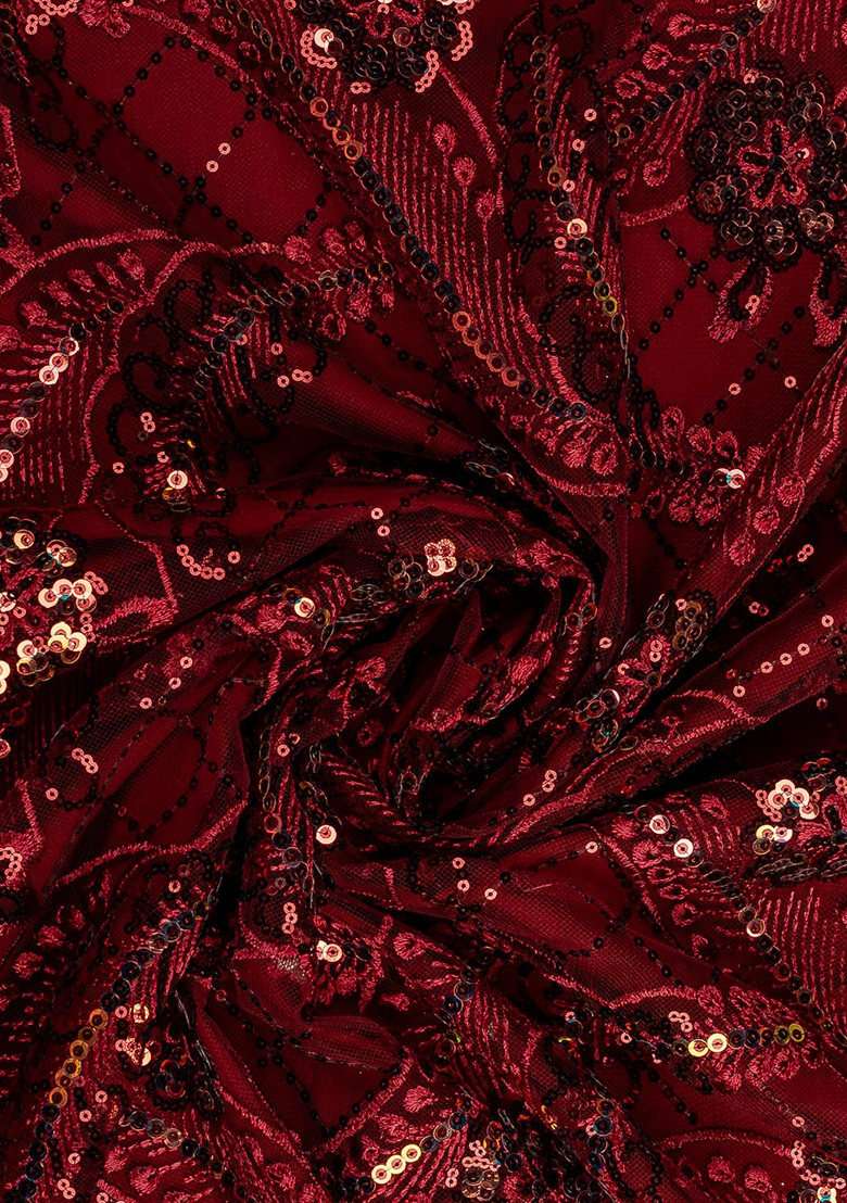 Maroon Embroidered Blouse Satin Fusion Set - Indya