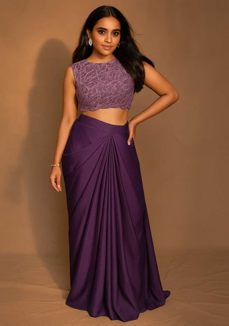 Purple Embroidered Blouse Satin Fusion Set for Diwali and Festive Wear - Indya