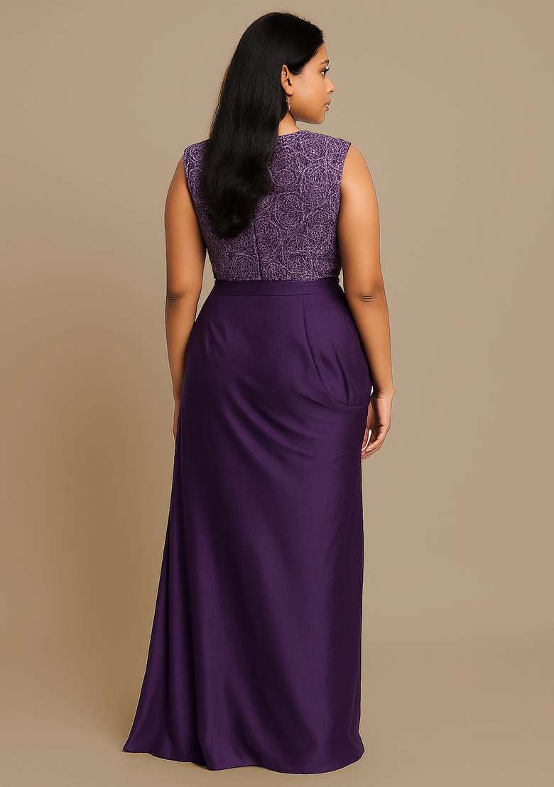 Purple Embroidered Blouse Satin Fusion Set for Diwali and Festive Wear - Indya