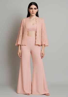 Peach Embellished Jacket Georgette Fusion Set