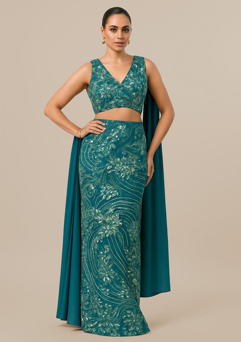 Teal Blue Sequin Embellished Georgette Fusion Set