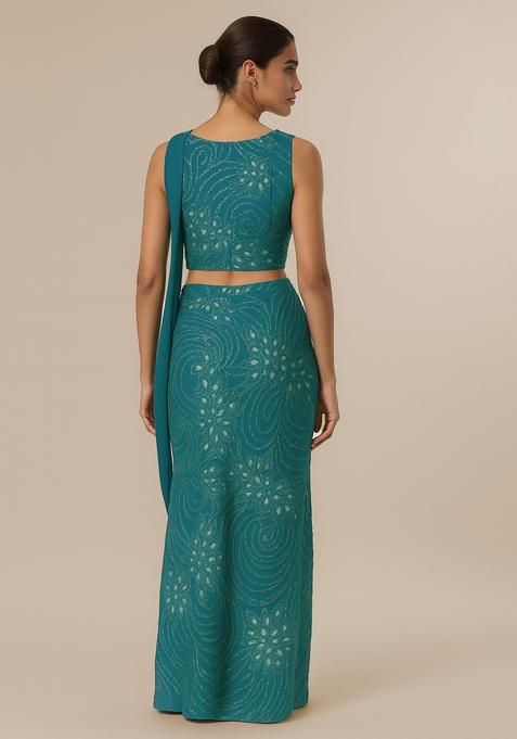 Teal Blue Sequin Embellished Georgette Fusion Set