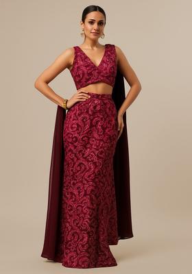 Maroon Embroidered Net Fusion Set
