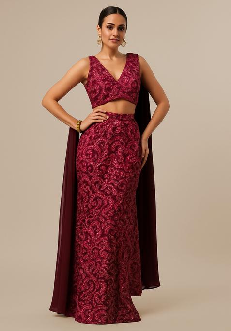 Maroon Embroidered Net Fusion Set