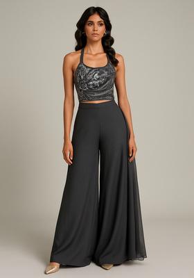 Grey Embroidered Blouse Georgette Fusion Set