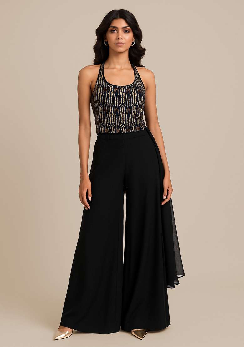 Black Embroidered Blouse Georgette Fusion Set for Diwali and Festive Wear - Indya