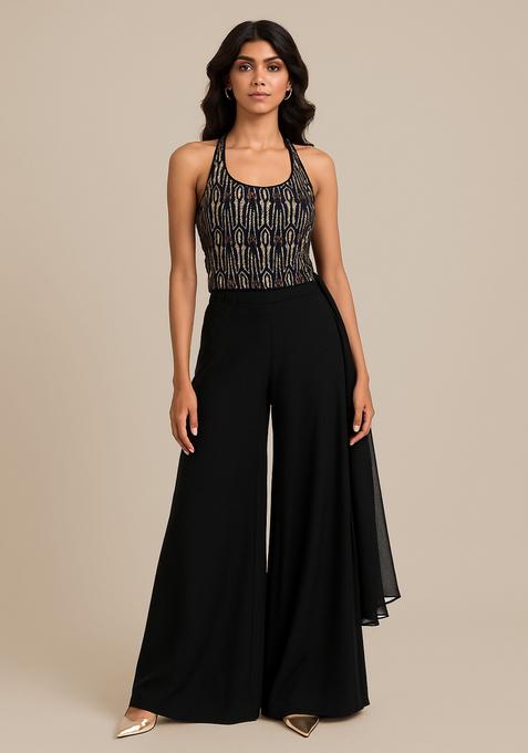 Black Embroidered Blouse Georgette Fusion Set