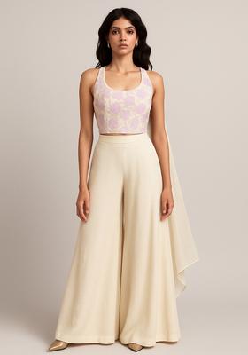 Cream And Pink Embroidered Blouse Georgette Fusion Set