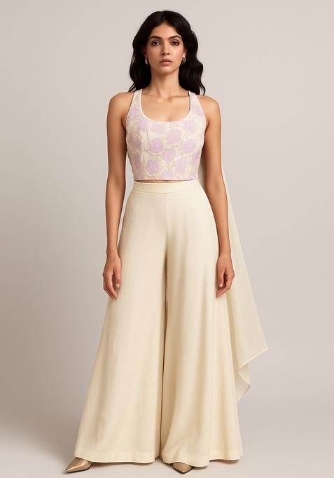 Cream And Pink Embroidered Blouse Georgette Fusion Set