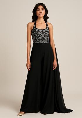 Black Embroidered Blouse Georgette Fusion Set