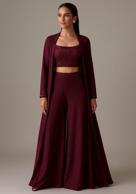 Maroon Embroidered Blouse Georgette Fusion Set