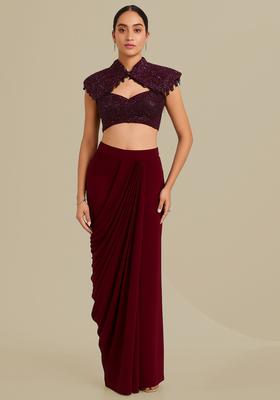 Dark Maroon Embellished Blouse Georgette Fusion Set