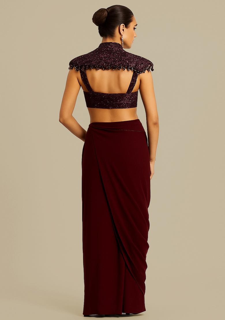Dark Maroon Embellished Blouse Georgette Fusion Set - Indya
