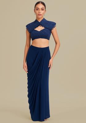 Blue Embellished Blouse Georgette Fusion Set