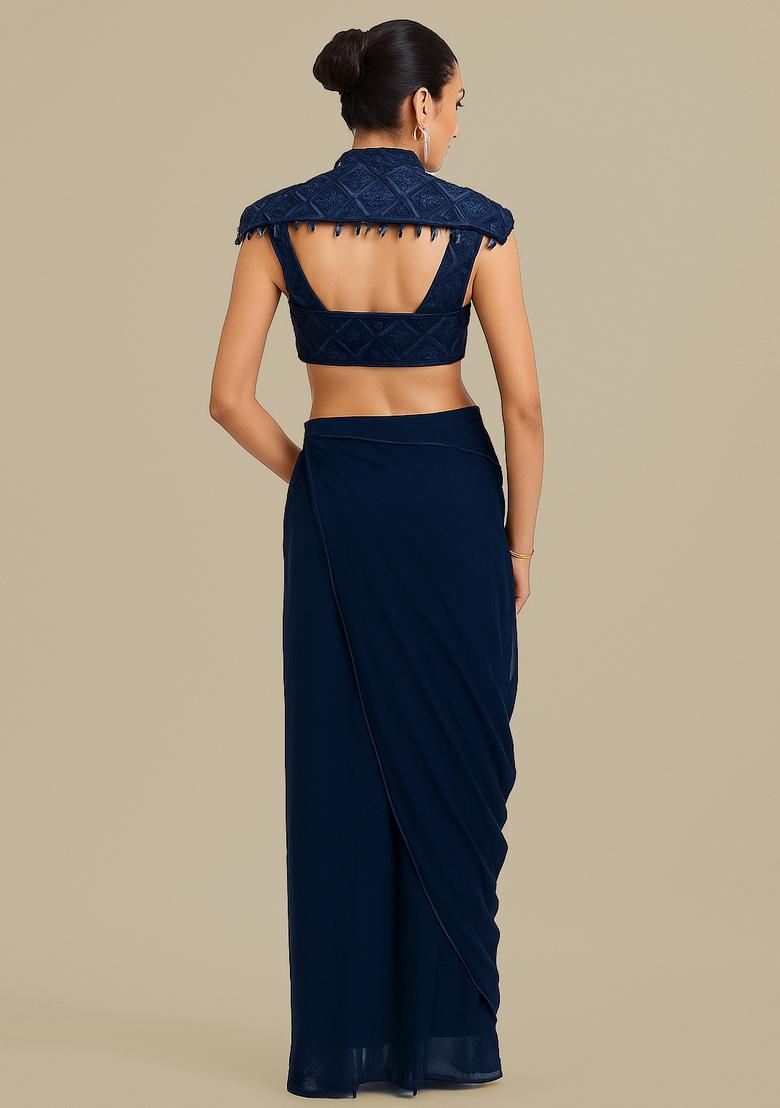 Blue Embroidered Blouse Georgette Fusion Set - Indya