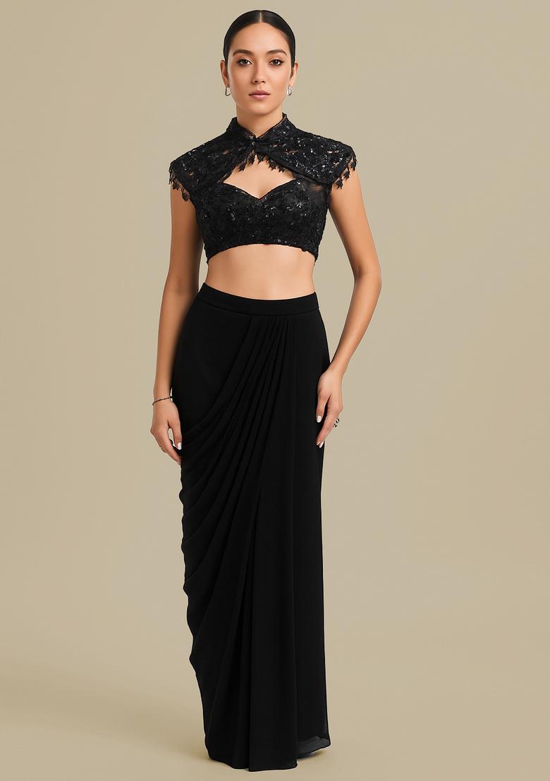 Black Embellished Blouse Georgette Fusion Set - Indya