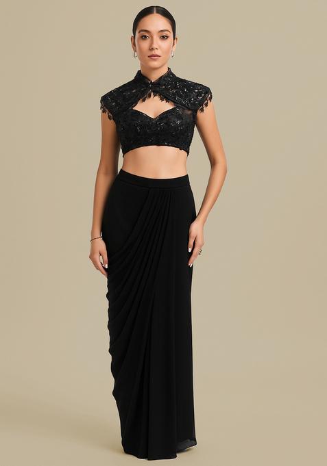 Black Embellished Blouse Georgette Fusion Set