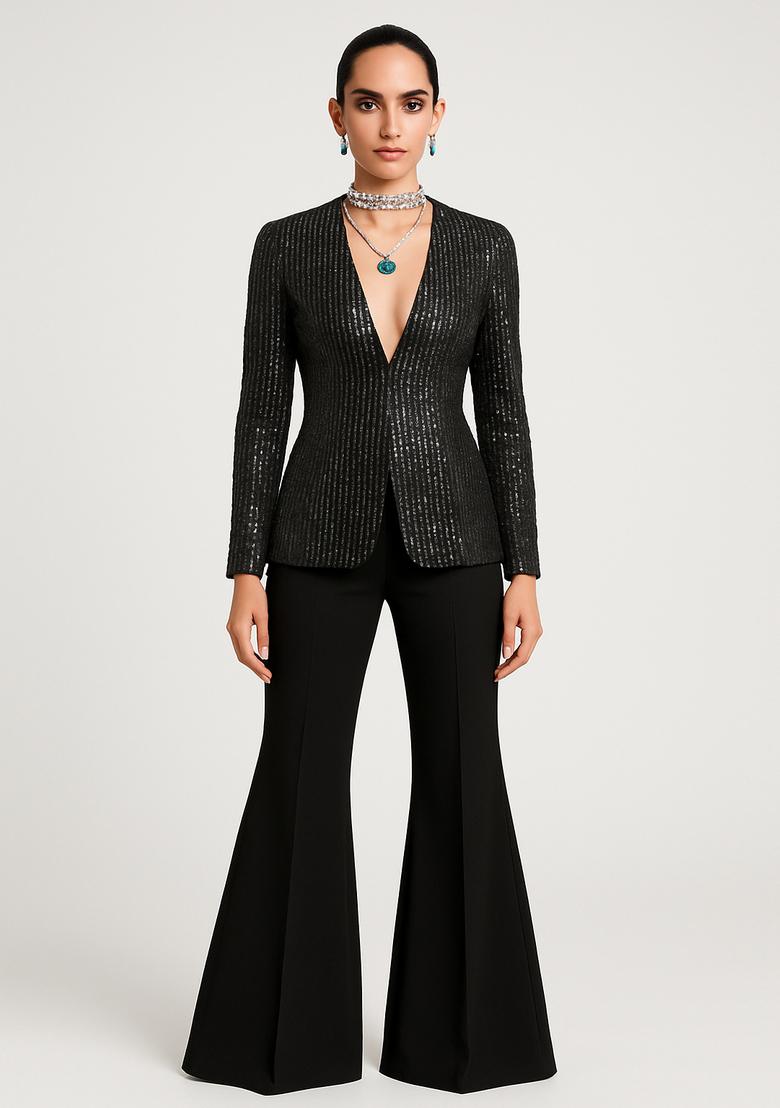 Black Embellished Blazer Georgette Fusion Set