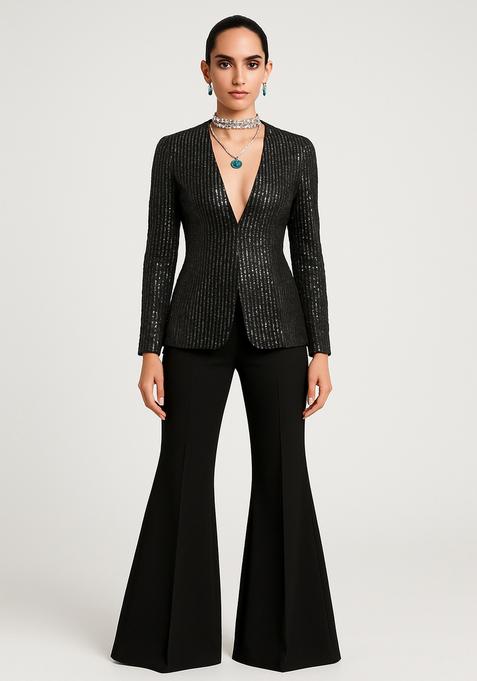 Black Embellished Blazer Georgette Fusion Set