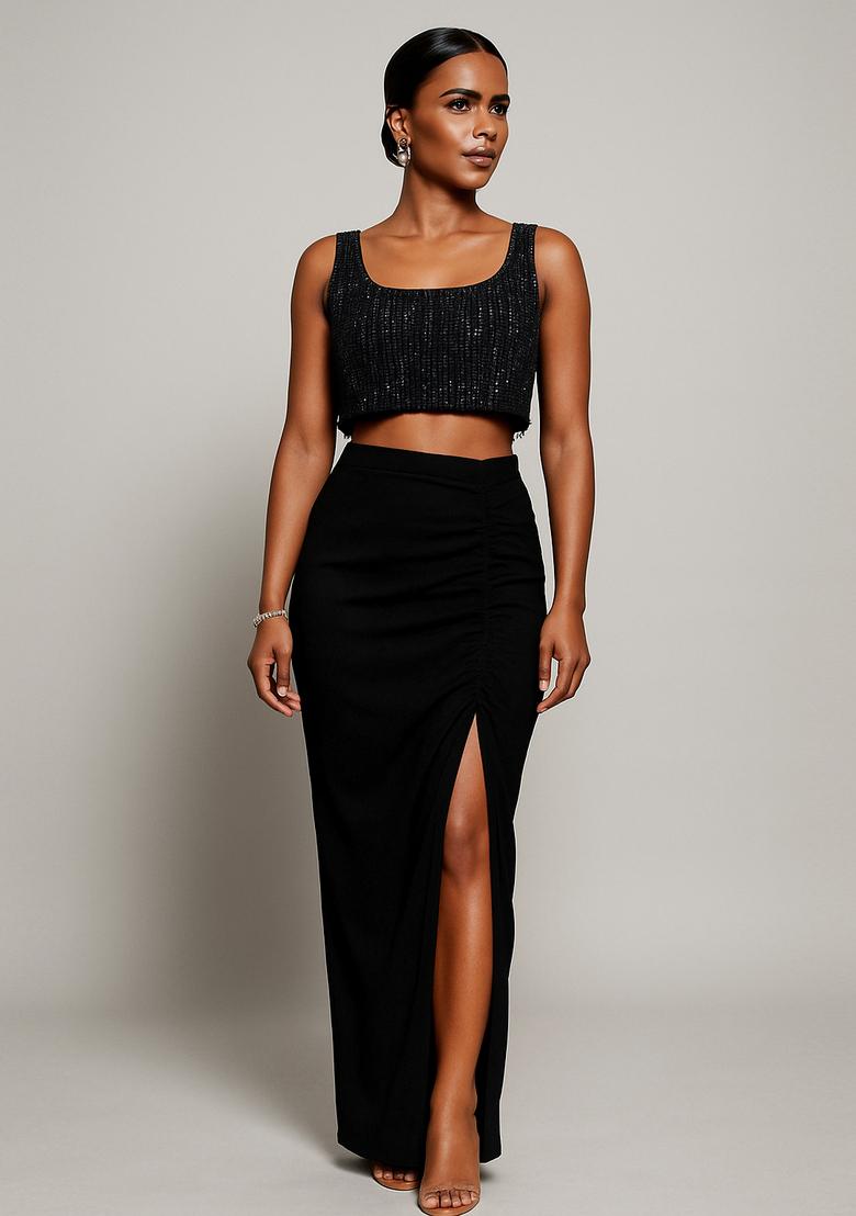 Black Embellished Blouse Georgette Fusion Set