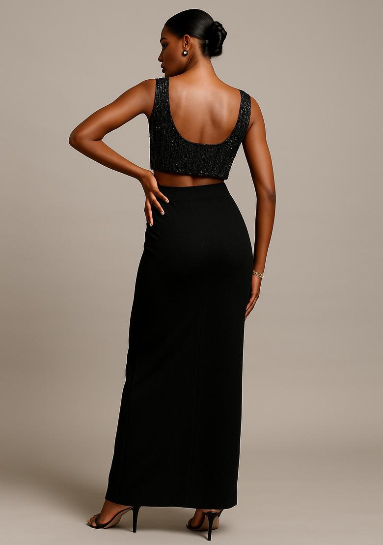 Black Embellished Blouse Georgette Fusion Set