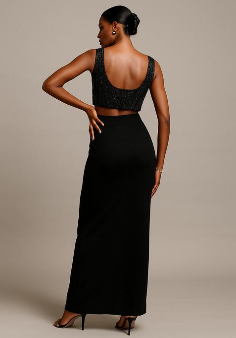 Black Embellished Blouse Georgette Fusion Set