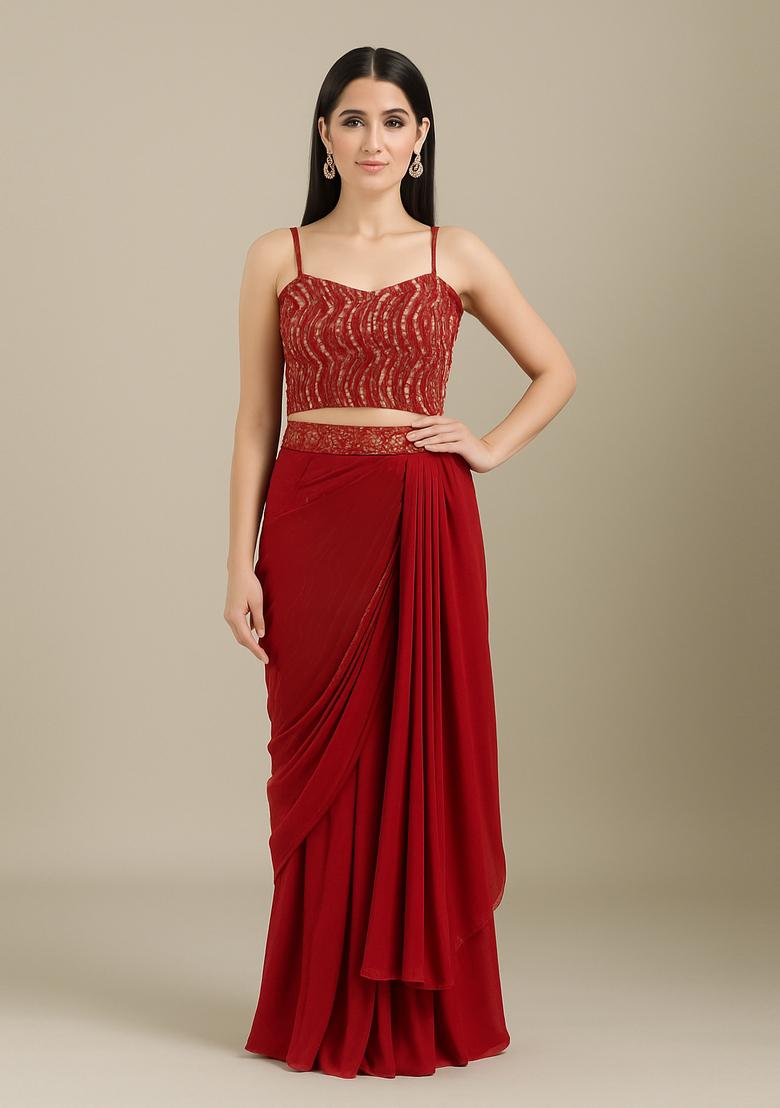 Red Embellished Blouse Georgette Fusion Set