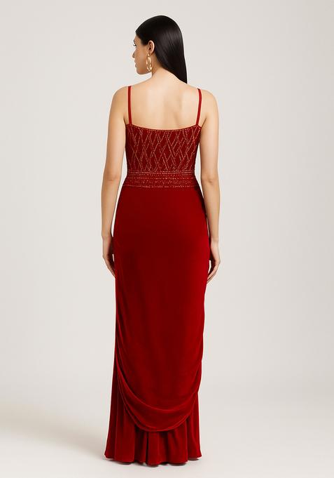 Red Embellished Blouse Georgette Fusion Set