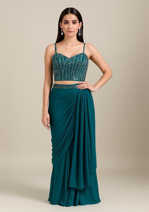 Rama Blue Sequin Embellished Blouse Georgette Fusion Set