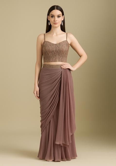 Mauve Sequin Embellished Blouse Georgette Fusion Set