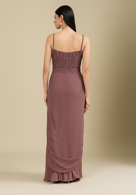 Mauve Sequin Embellished Blouse Georgette Fusion Set