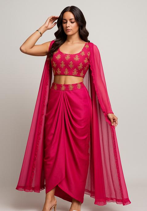 Pink Embellished Blouse Georgette Fusion Set