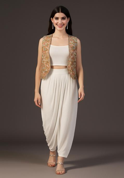 White Embroidered Jacket Georgette Fusion Set