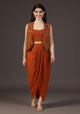 Rust Embroidered Jacket Georgette Fusion Set