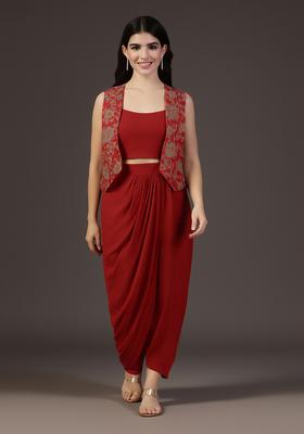 Red Embroidered Jacket Georgette Fusion Set