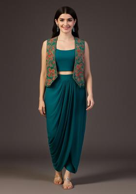 Rama Blue Embroidered Jacket Georgette Fusion Set