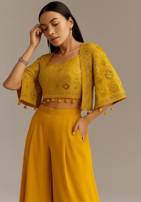 Mustard Embroidered Georgette Fusion Set 
