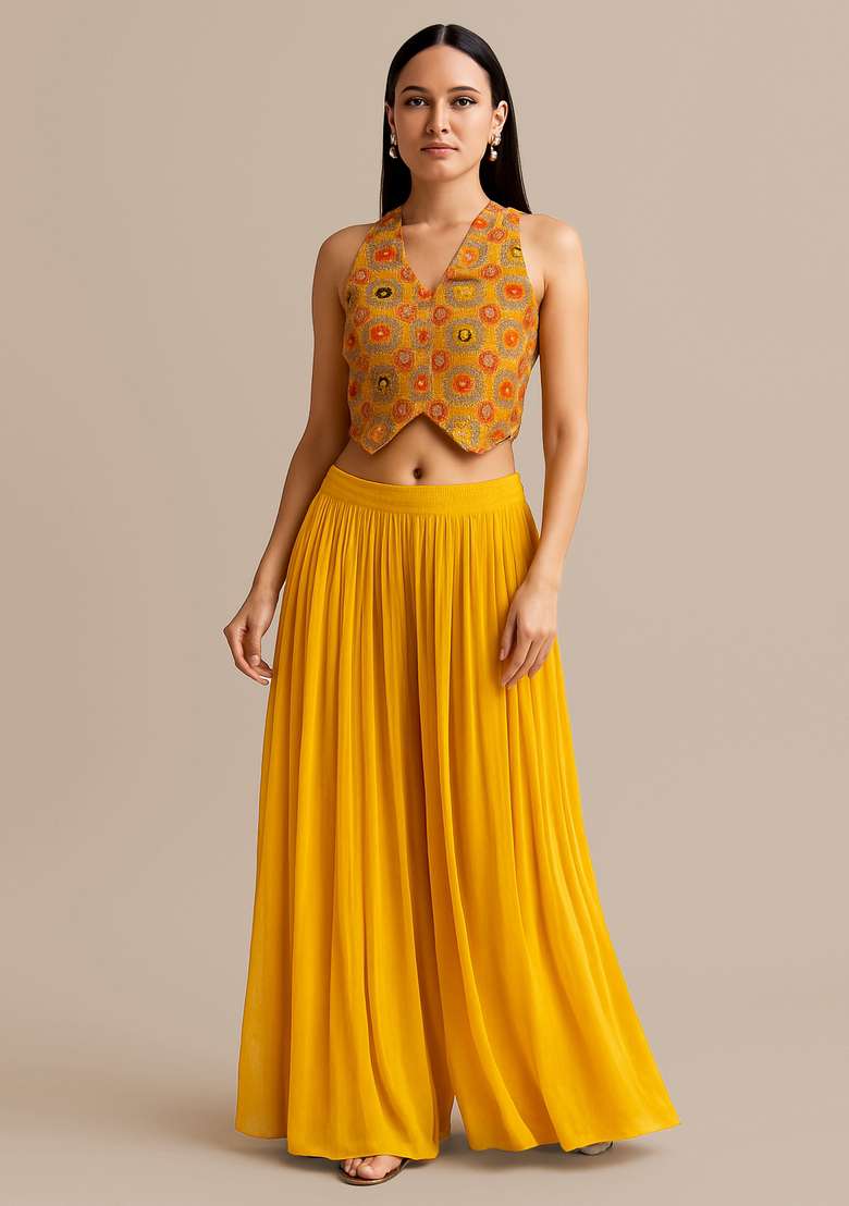 Mustard Embroidered Georgette Fusion Set  - Indya