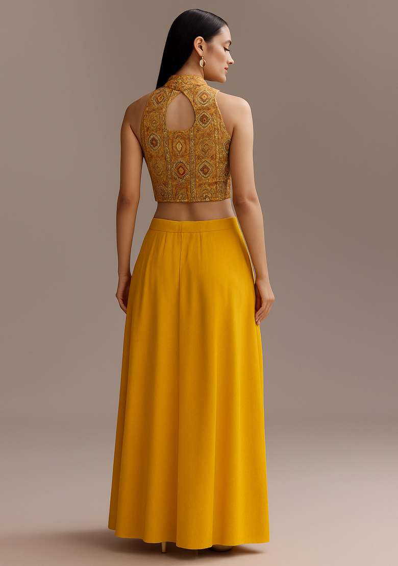 Mustard Embroidered Georgette Fusion Set  - Indya