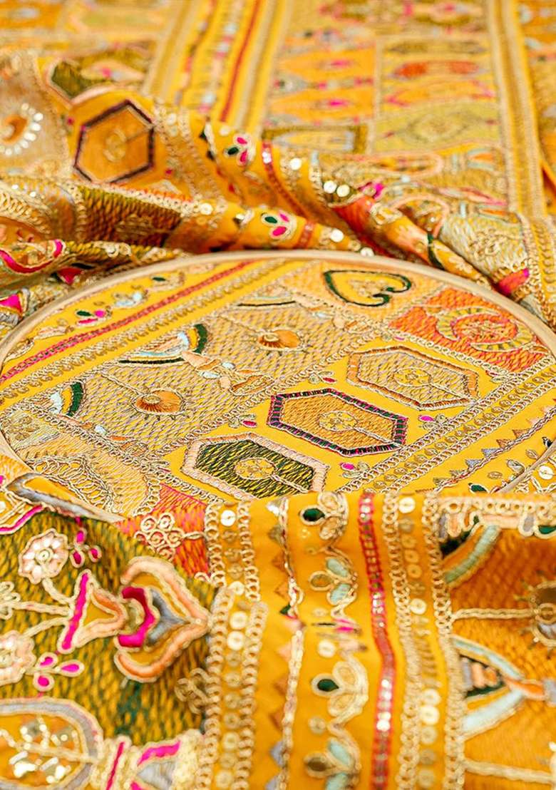 Mustard Embroidered Georgette Fusion Set  - Indya