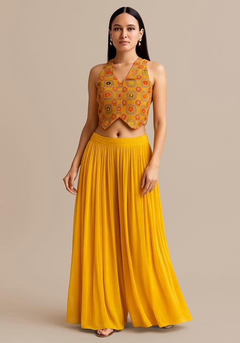 Mustard Embroidered Georgette Fusion Set 