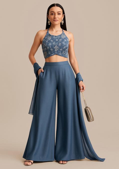 Blue Embroidered Georgette Fusion Set 