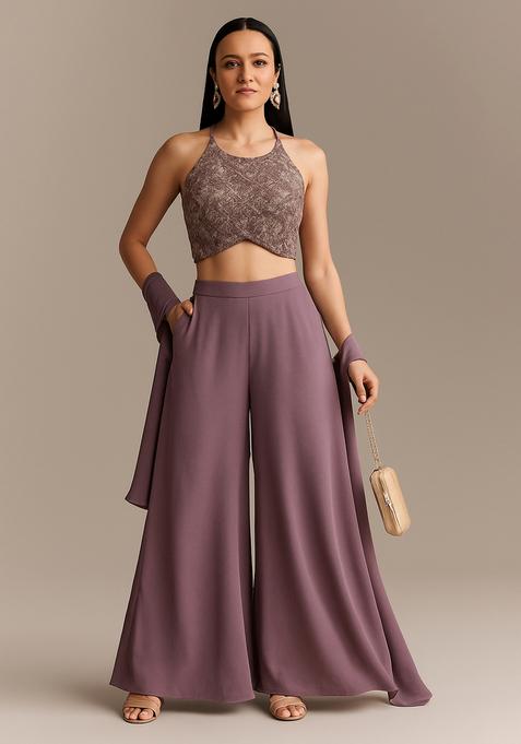 Purple Embroidered Georgette Fusion Set 