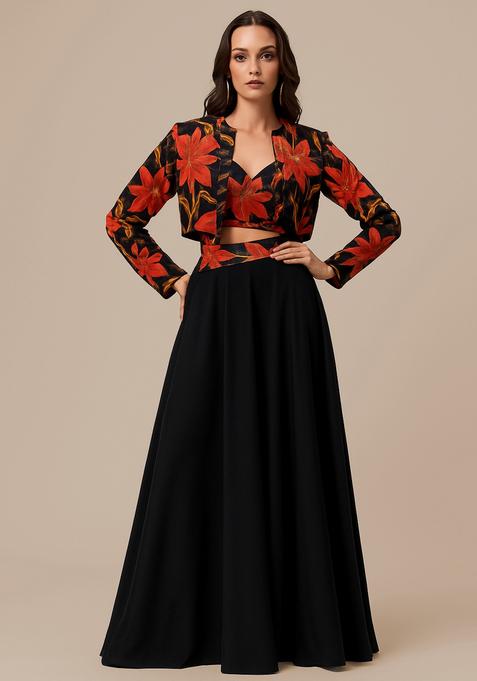 Black Printed Crepe Fusion Set