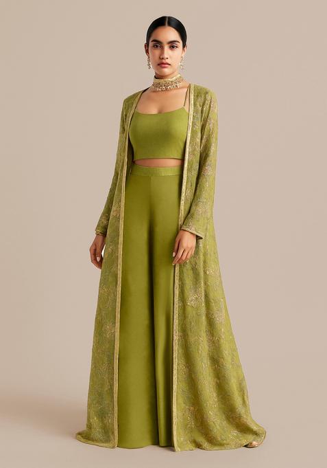 Parrot Green Sequin Embroidered Tissue Fusion Set