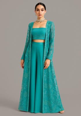 Teal Sequin Embroidered Georgette Fusion Set