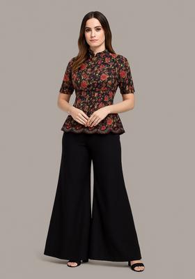 Navy Blue Sequin Embroidered Blouse Georgette Fusion Set