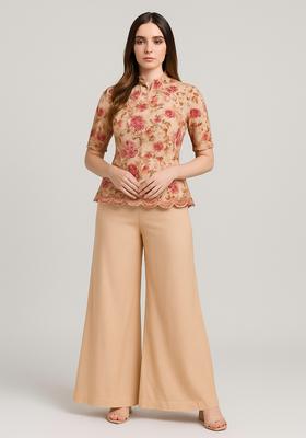 Cream Sequin Embroidered Blouse Georgette Fusion Set